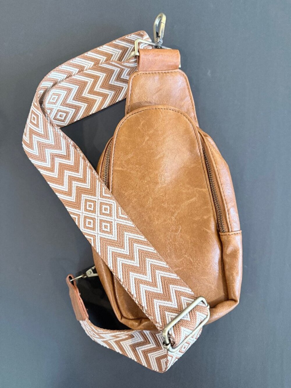 Brown Vegan Sling Bag with Guitar-Style Strap